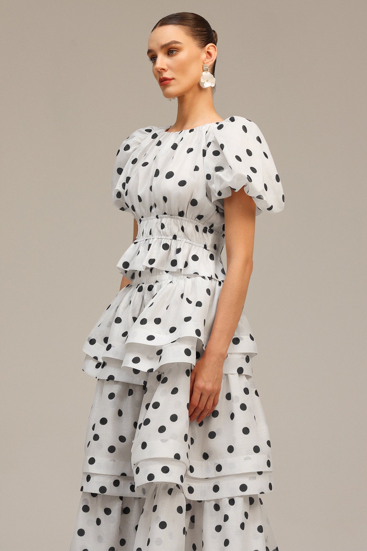 Damla White Puff Sleeves Dot Printed Top and Skirt Two-Piece Set Avalabel