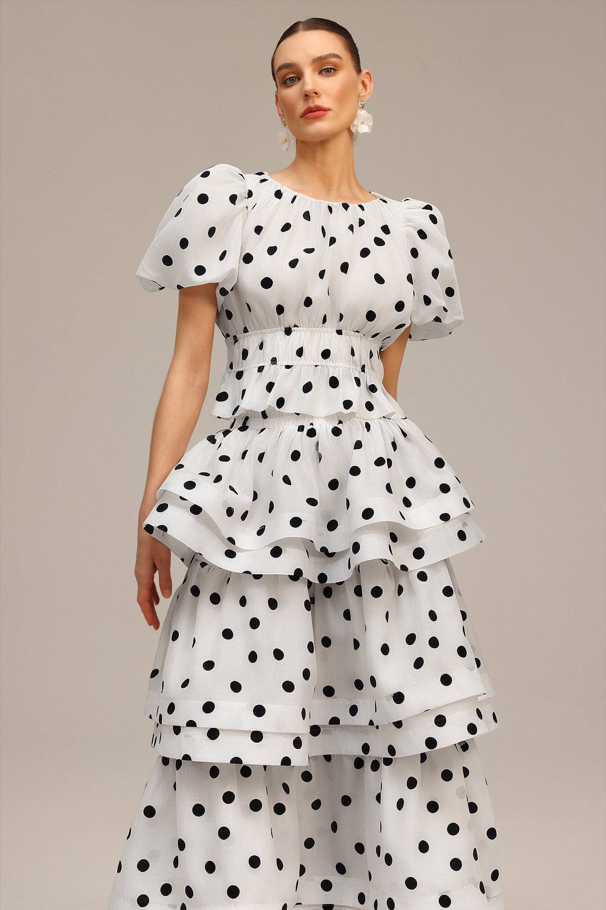 Damla White Puff Sleeves Dot Printed Top and Skirt Two-Piece Set Avalabel