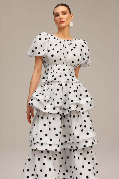 Damla White Puff Sleeves Dot Printed Top and Skirt Two-Piece Set