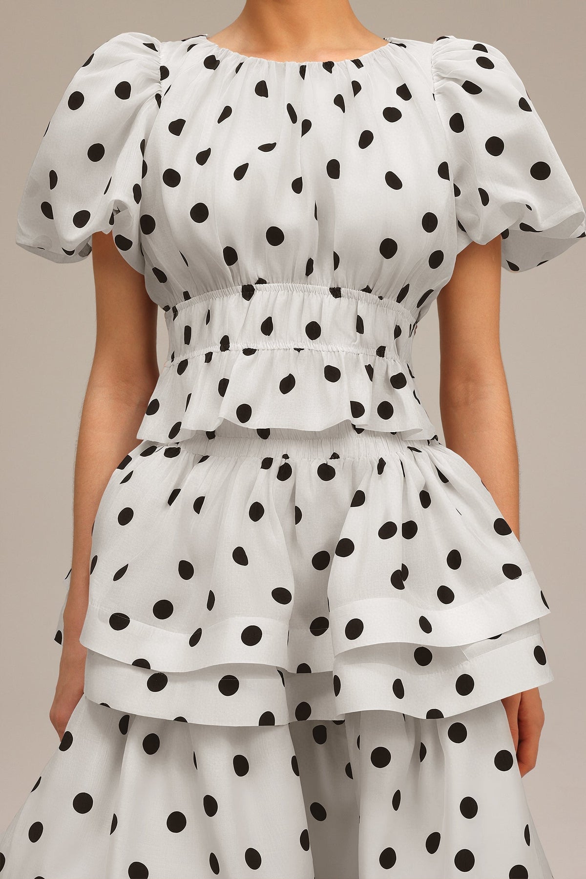 Damla White Puff Sleeves Dot Printed Top and Skirt Two-Piece Set Avalabel