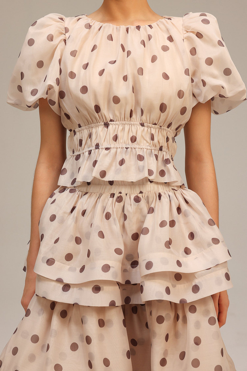 Damla Beige Puff Sleeves Dot Printed Top and Skirt Two-Piece Set Avalabel