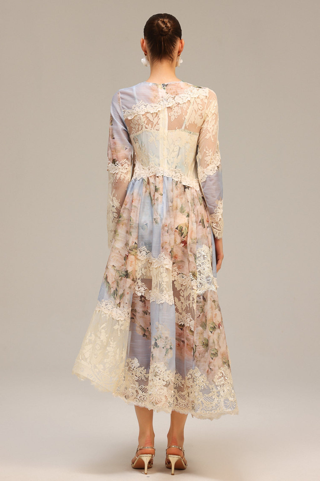 Kristin Long Sleeves Floral Printed Asymmetric Lace Maxi Dress Avalabel