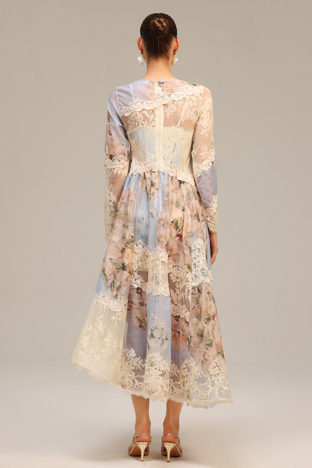 Kristin Long Sleeves Floral Printed Asymmetric Lace Maxi Dress Avalabel