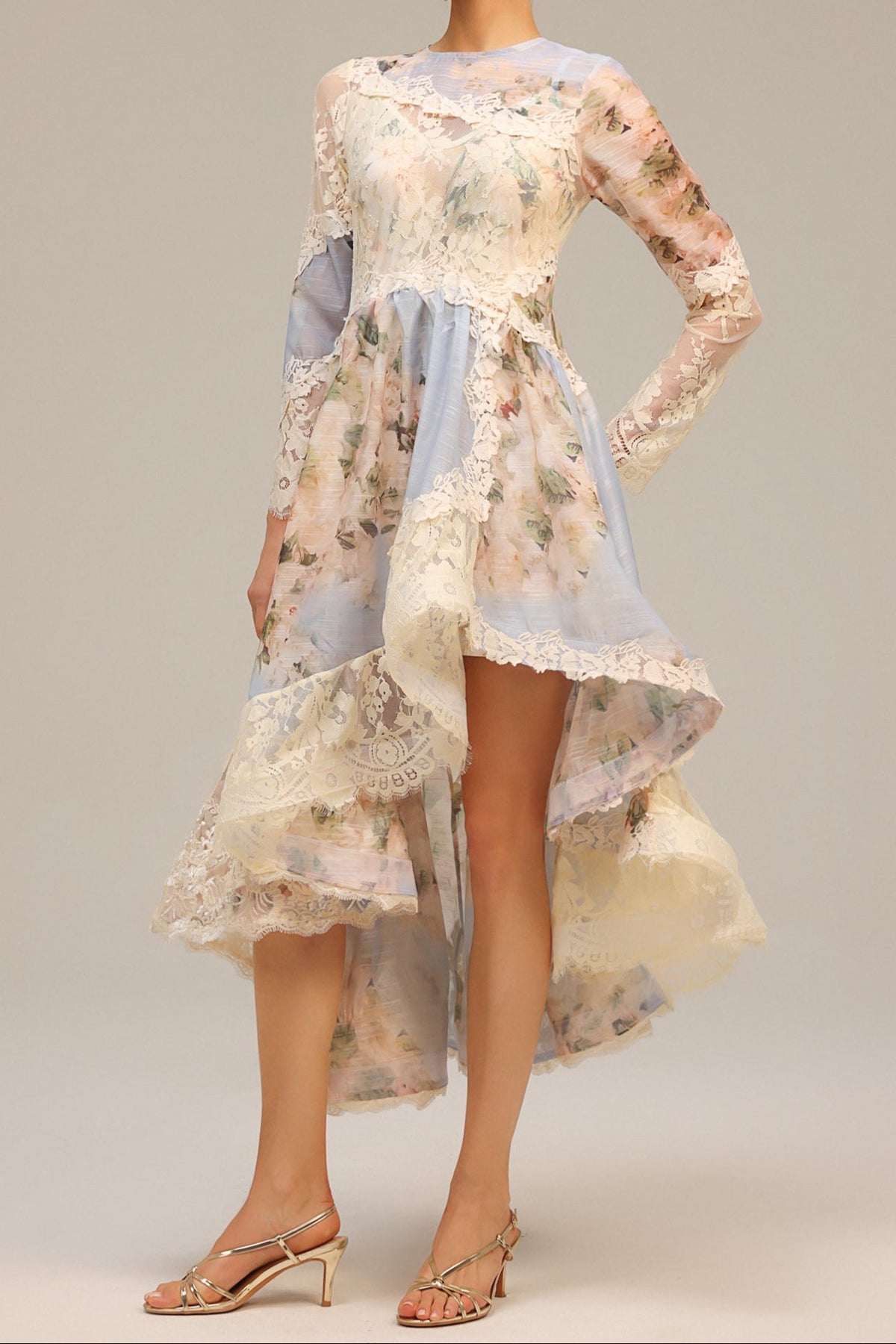 Kristin Long Sleeves Floral Printed Asymmetric Lace Maxi Dress Avalabel