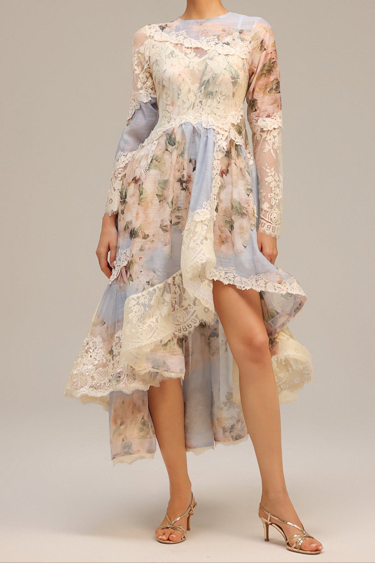 Kristin Long Sleeves Floral Printed Asymmetric Lace Maxi Dress Avalabel