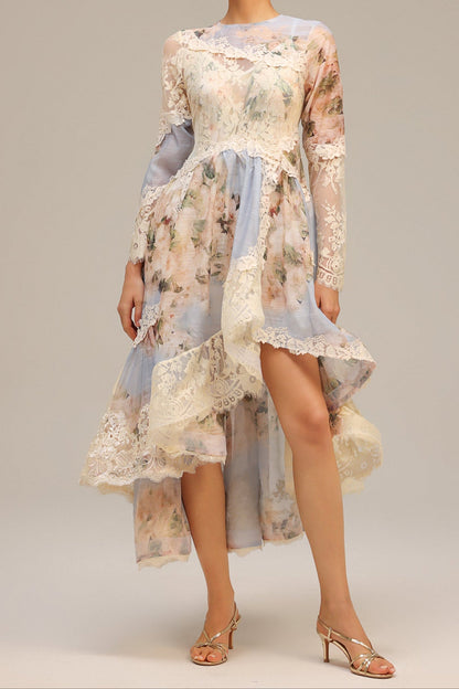 Kristin Long Sleeves Floral Printed Asymmetric Lace Maxi Dress