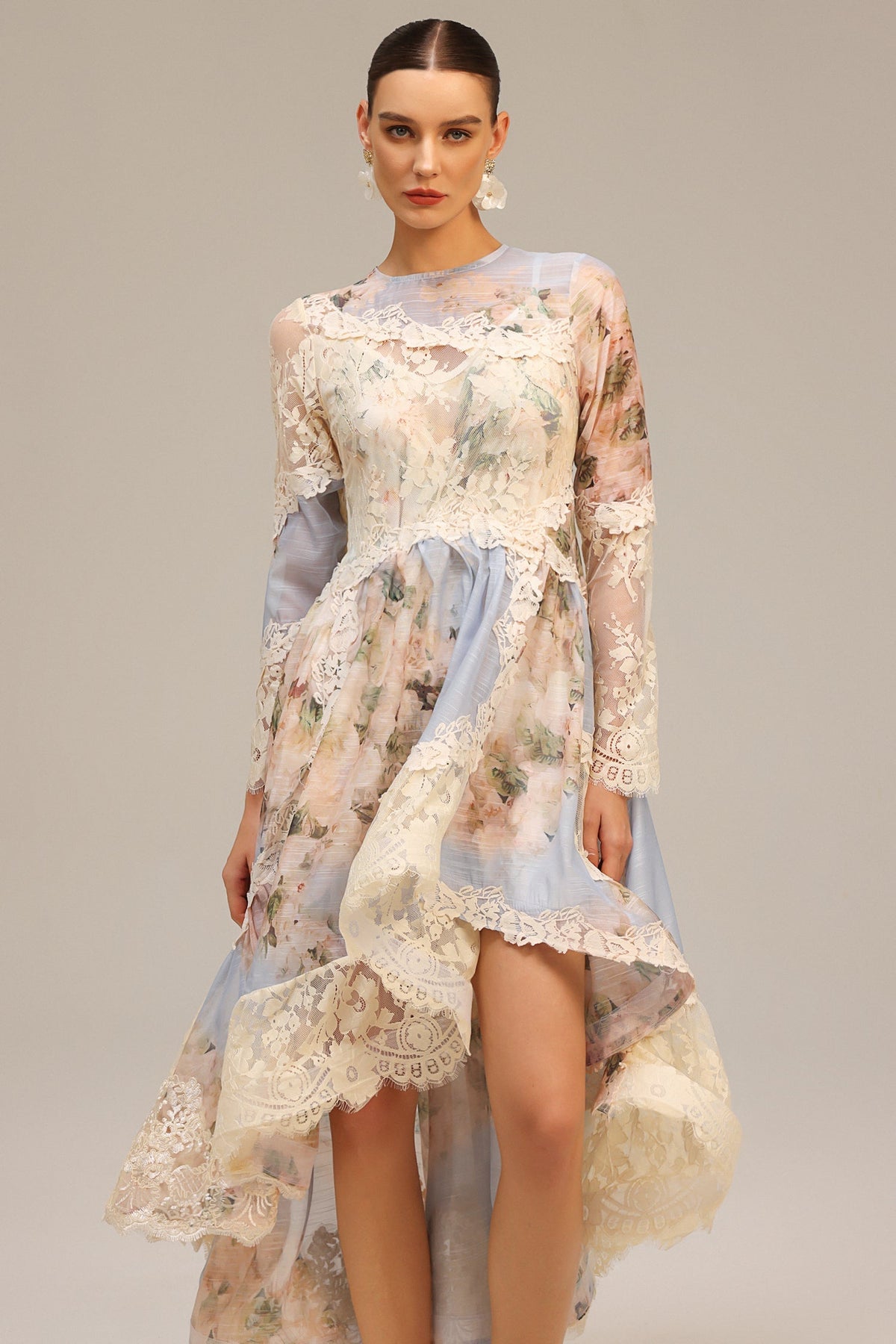 Kristin Long Sleeves Floral Printed Asymmetric Lace Maxi Dress Avalabel