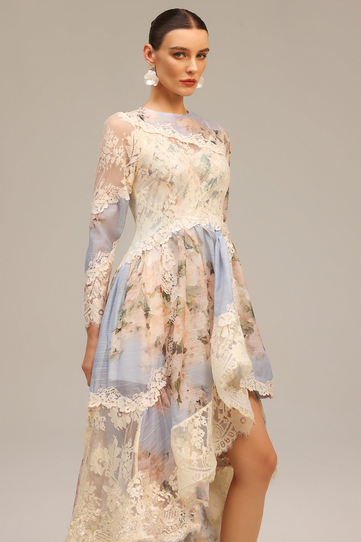 Kristin Long Sleeves Floral Printed Asymmetric Lace Maxi Dress Avalabel