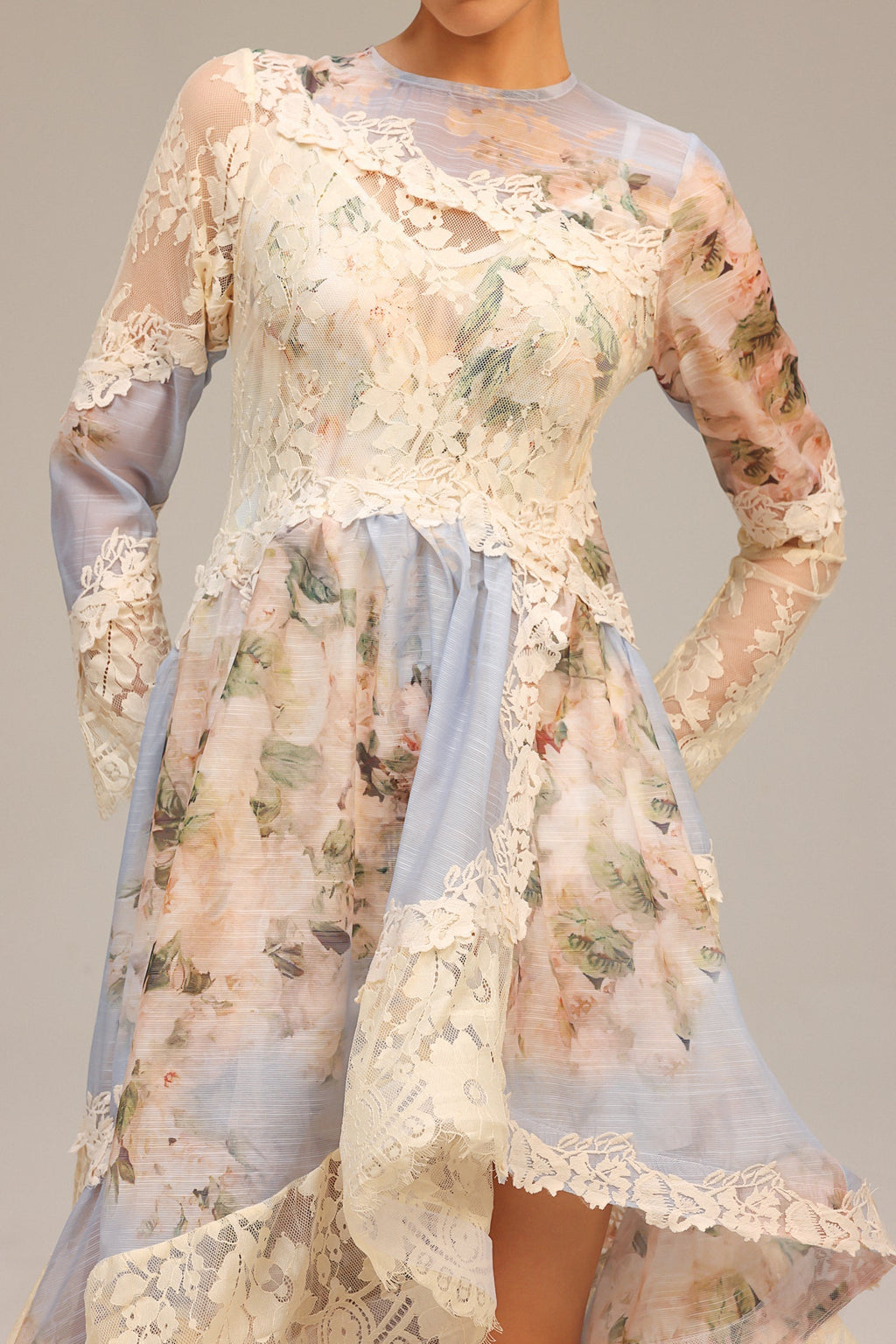 Kristin Long Sleeves Floral Printed Asymmetric Lace Maxi Dress Avalabel