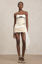 White Herringbone Tube Top Floral Ruffle Mini Dress Suit Avalabel