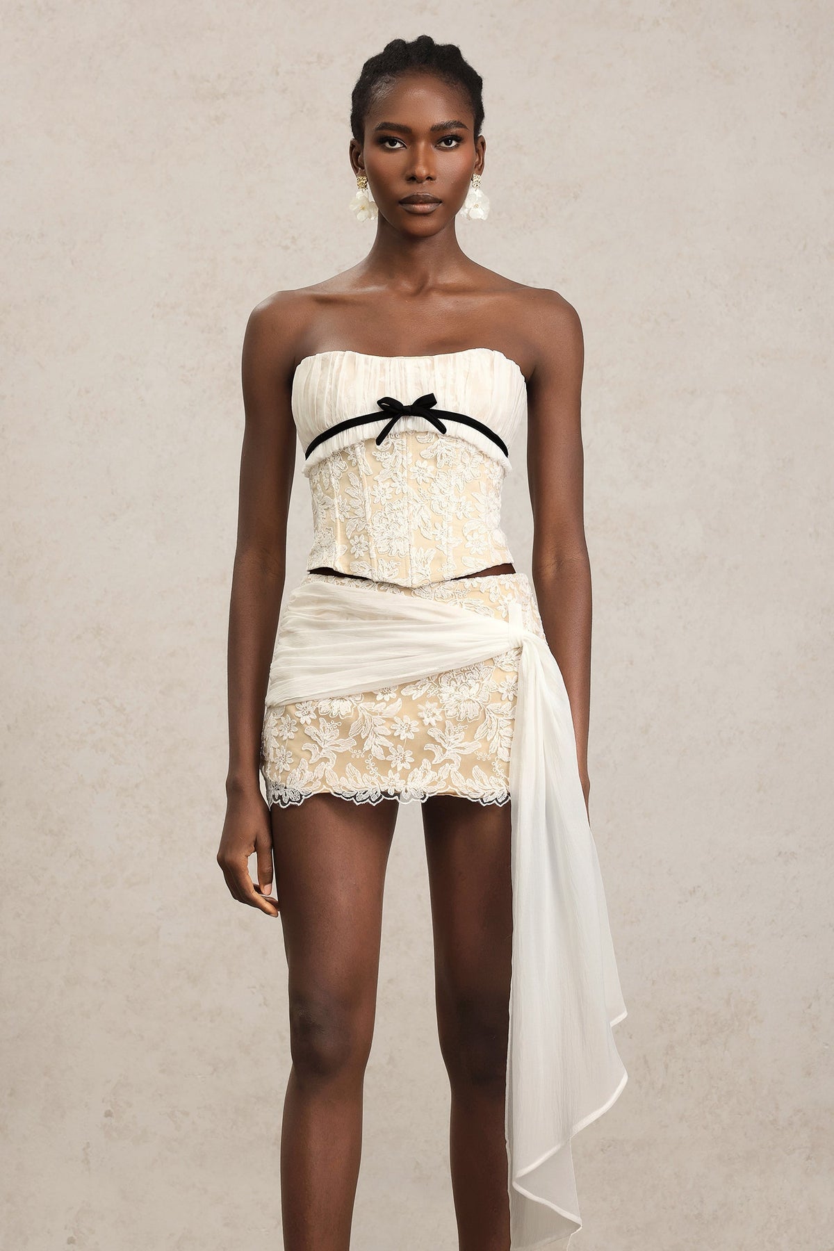 White Herringbone Tube Top Floral Ruffle Mini Dress Suit Avalabel