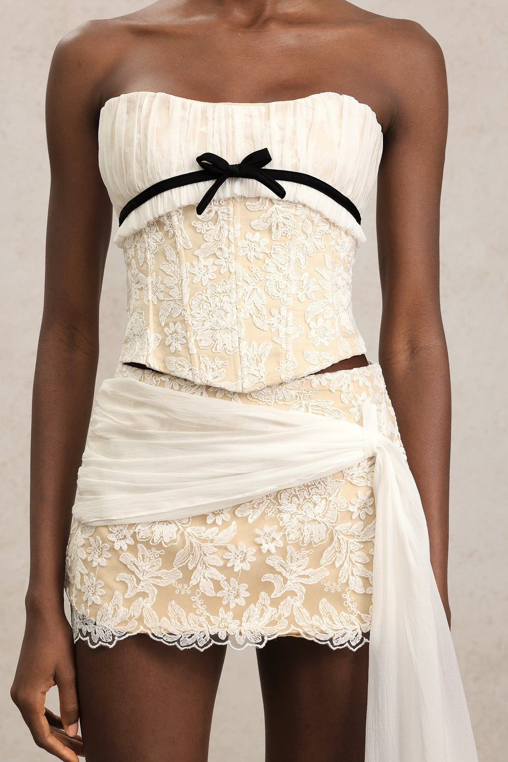 White Herringbone Tube Top Floral Ruffle Mini Dress Suit Avalabel