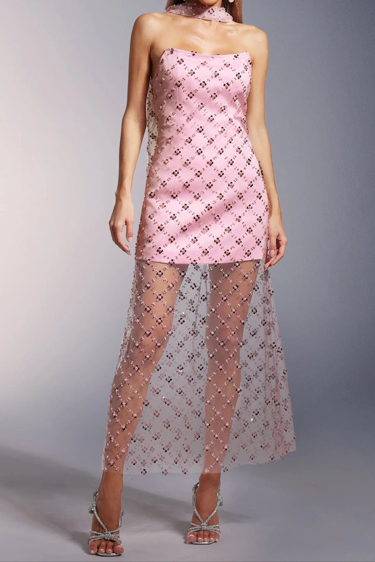 Alberta Strapless Sequins Pearl Mini Dress in Pink Avalabel