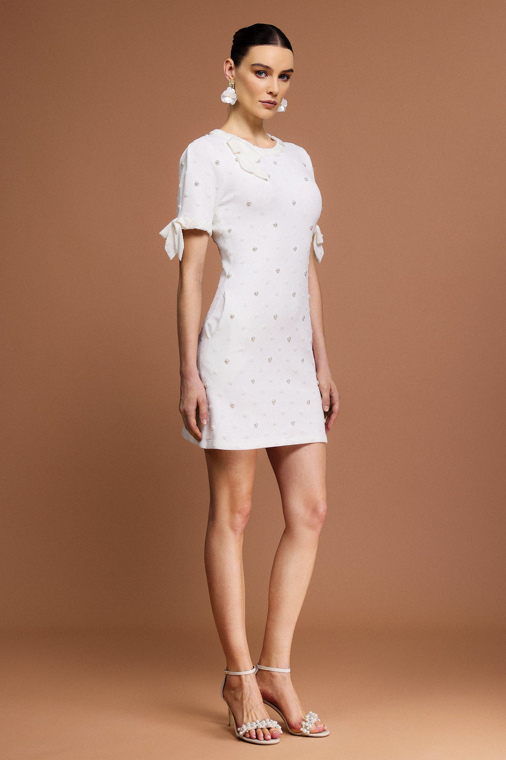 Round Neck Short Sleeves Pearl Dot Printed Mini Dress Avalabel