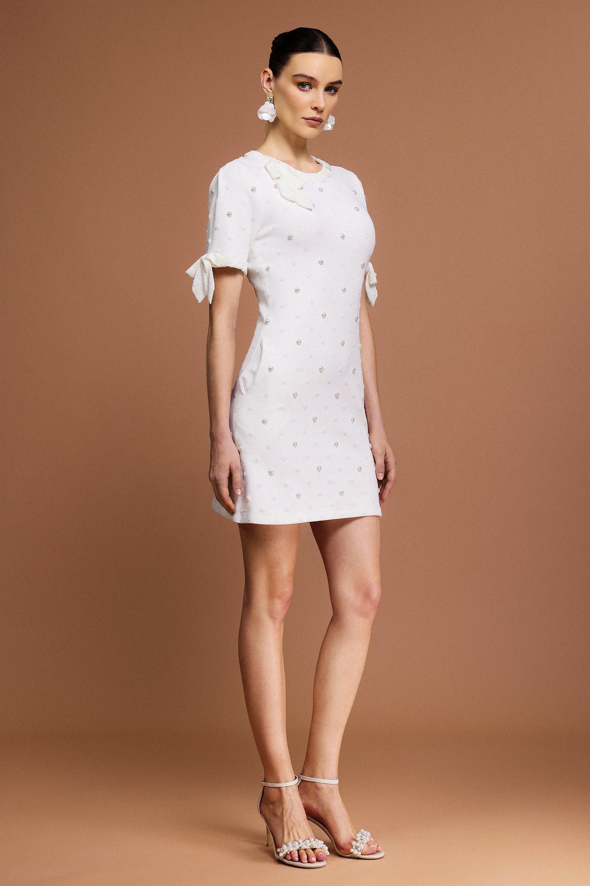 Round Neck Short Sleeves Pearl Dot Printed Mini Dress Avalabel