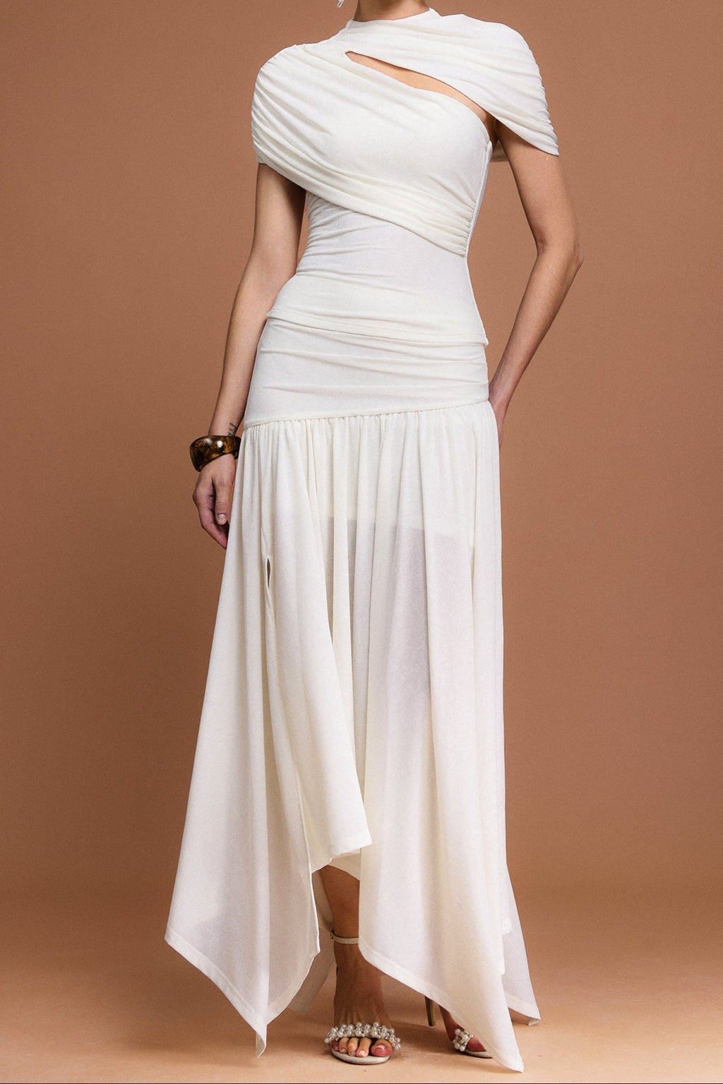 Kristin Short Sleeves Asymmetric Folds Top And Skirt Two-Piece Set Avalabel