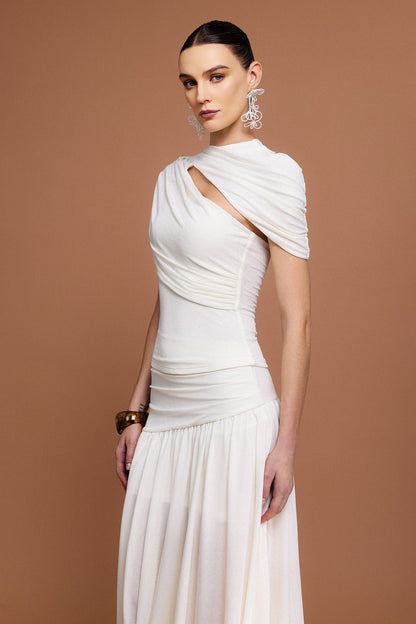 Kristin Short Sleeves Asymmetric Folds Top And Skirt Two-Piece Set