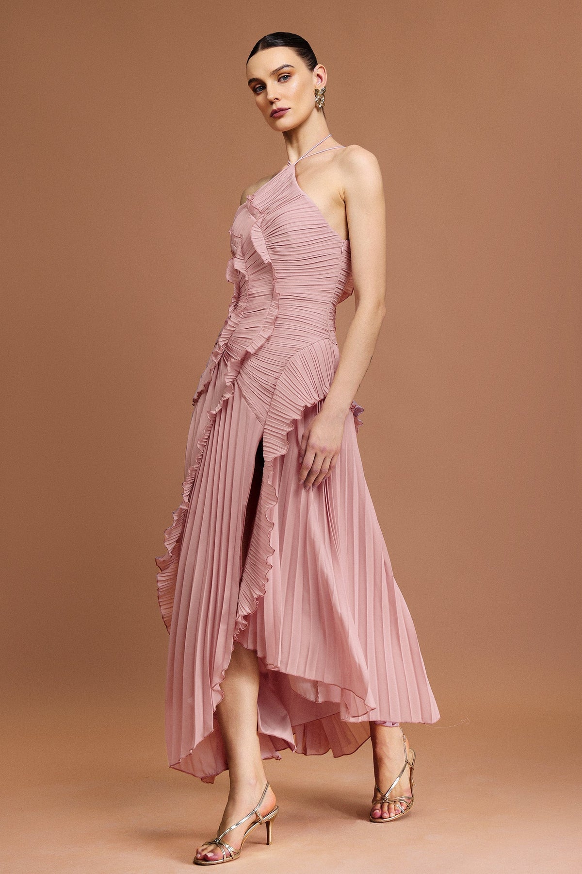 Alva Sleeveless Folds Slit Maxi Dress in Light Pink Avalabel