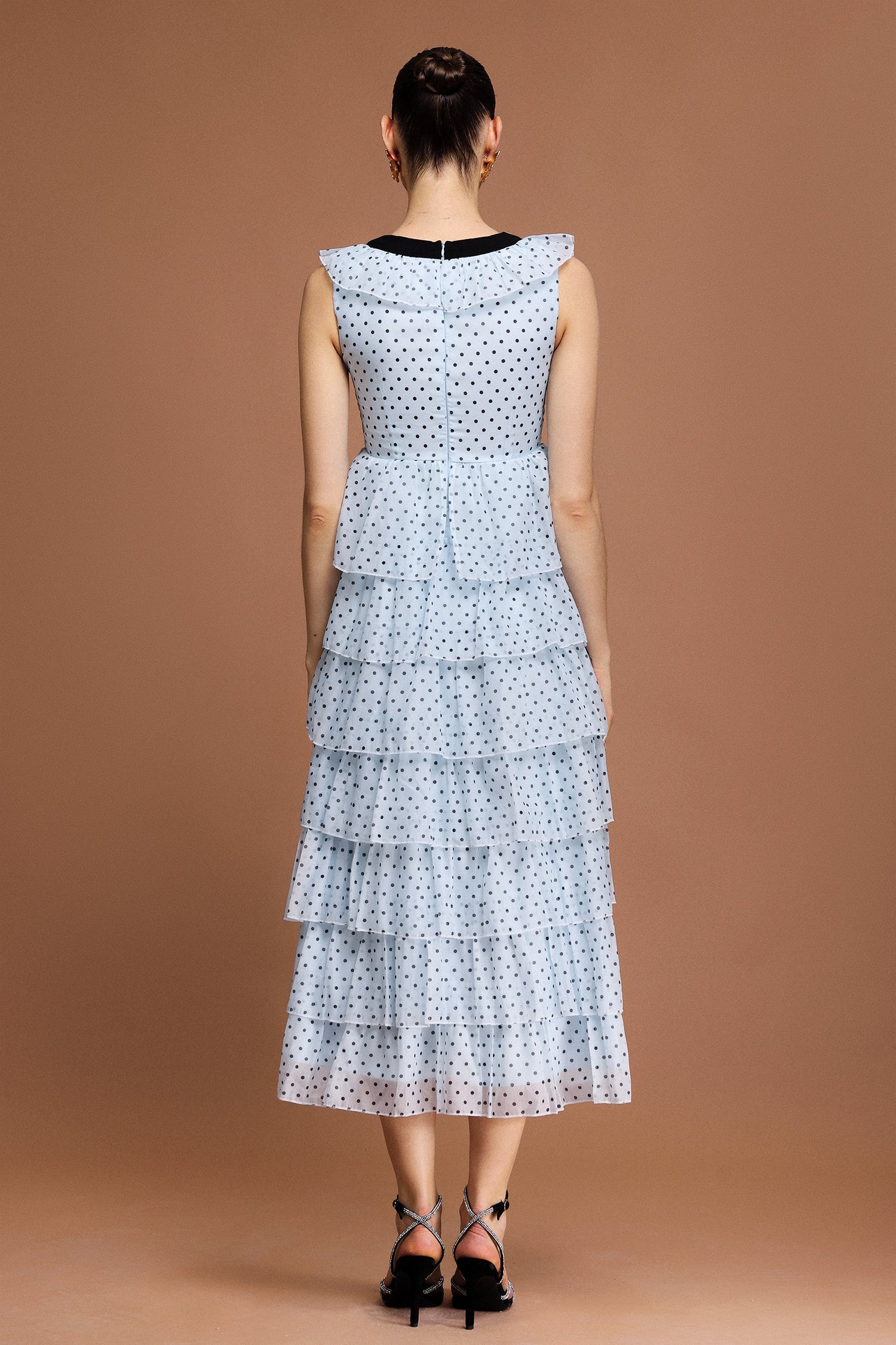 V-Neck Sleeveless Bowknot Folds Dot Printed Midi Dress Avalabel