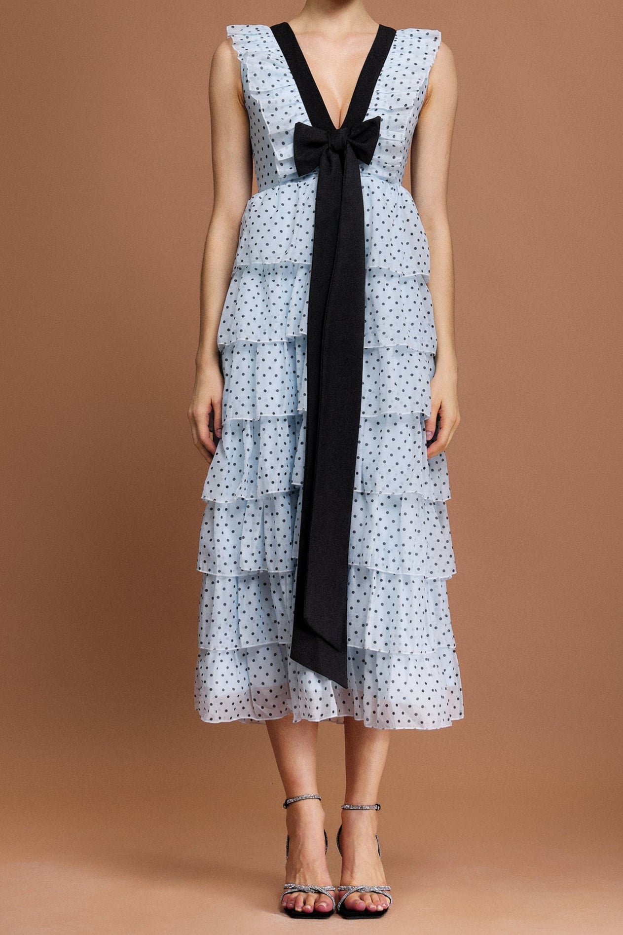V-Neck Sleeveless Bowknot Folds Dot Printed Midi Dress Avalabel