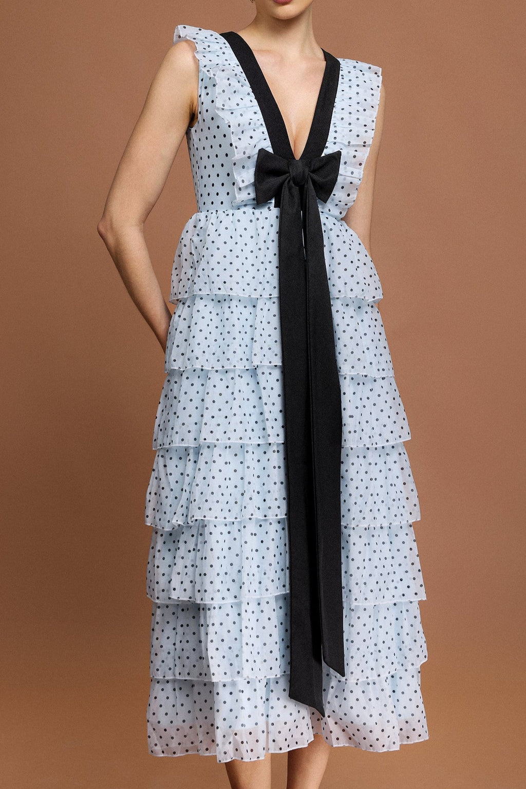 V-Neck Sleeveless Bowknot Folds Dot Printed Midi Dress Avalabel