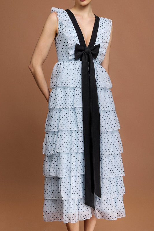 V-Neck Sleeveless Bowknot Folds Dot Printed Midi Dress