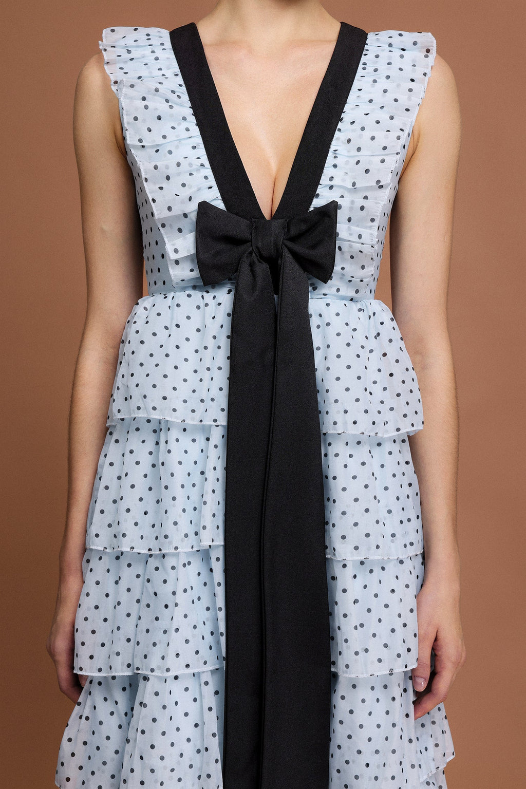 V-Neck Sleeveless Bowknot Folds Dot Printed Midi Dress Avalabel