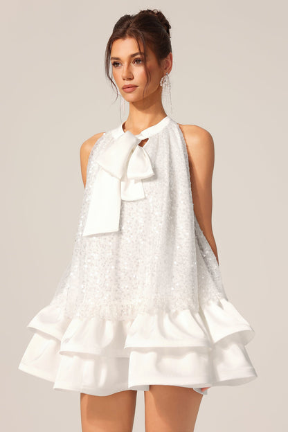 Gemma Sequin Sleeveless Bowknot Mini Dress in White