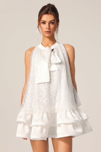Gemma Sequin Sleeveless Bowknot Mini Dress in White