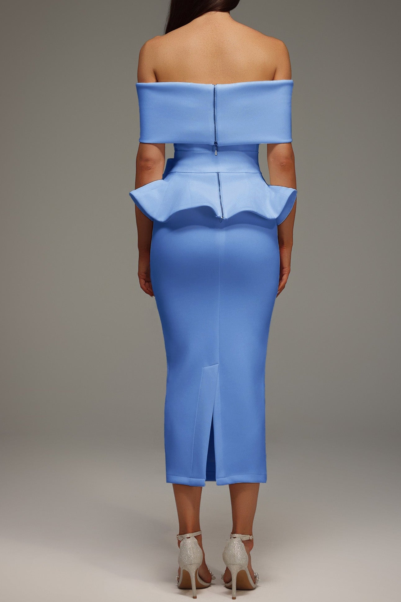 Eleanore Off The Shoulder  Ruffled Edge Blue Midi Dress Avalabel