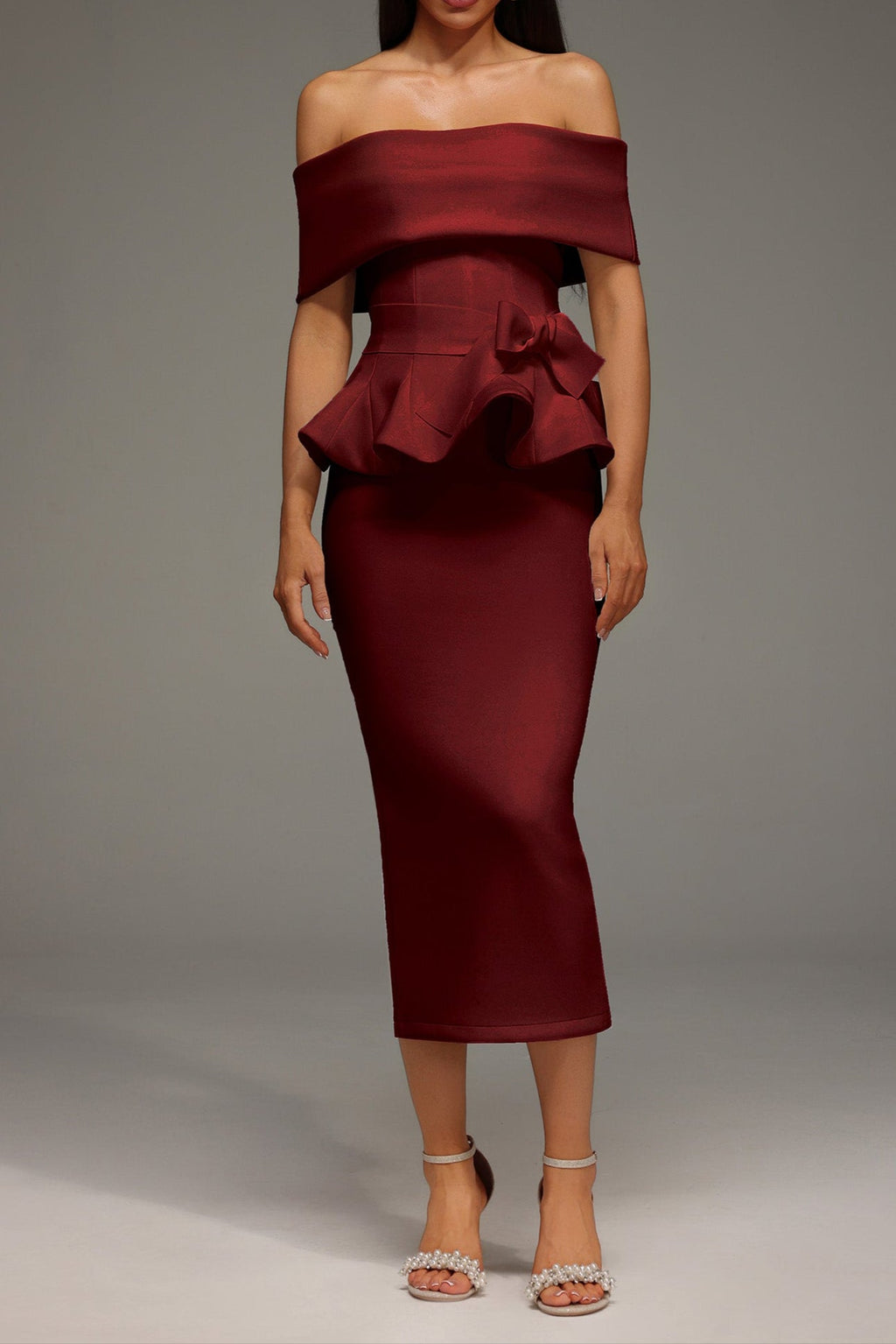 Eleanore Off The Shoulder  Ruffled Edge Red Midi Dress Avalabel