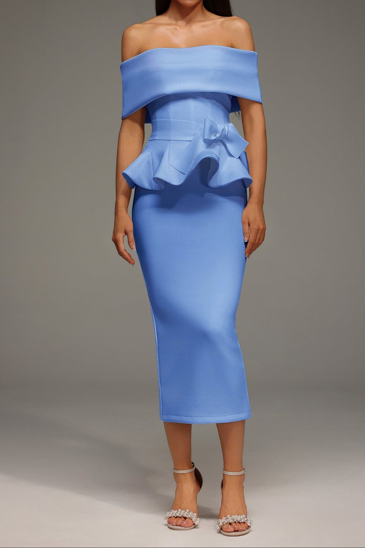 Eleanore Off The Shoulder  Ruffled Edge Blue Midi Dress Avalabel