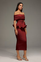 Eleanore Off The Shoulder  Ruffled Edge Red Midi Dress Avalabel
