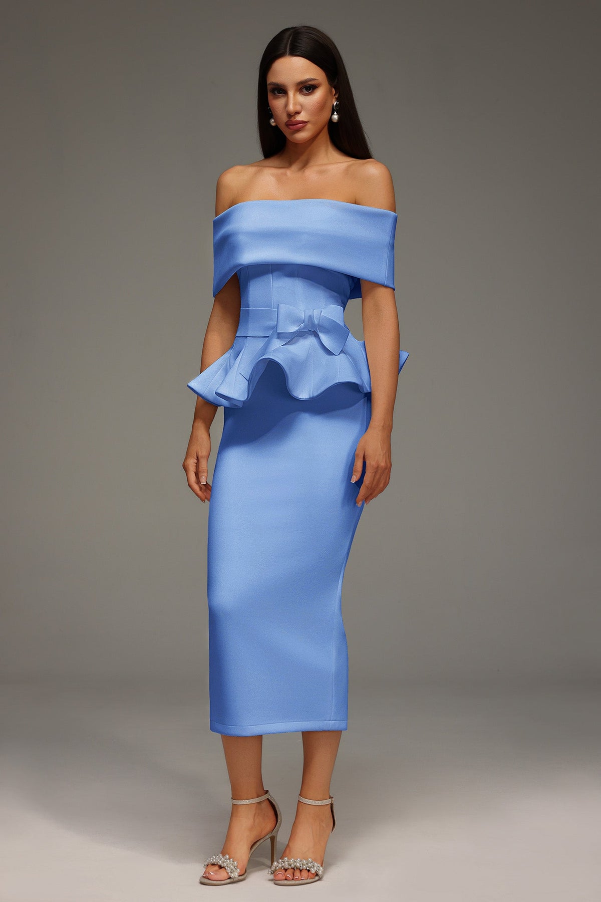 Eleanore Off The Shoulder  Ruffled Edge Blue Midi Dress Avalabel