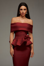 Eleanore Off The Shoulder  Ruffled Edge Red Midi Dress Avalabel