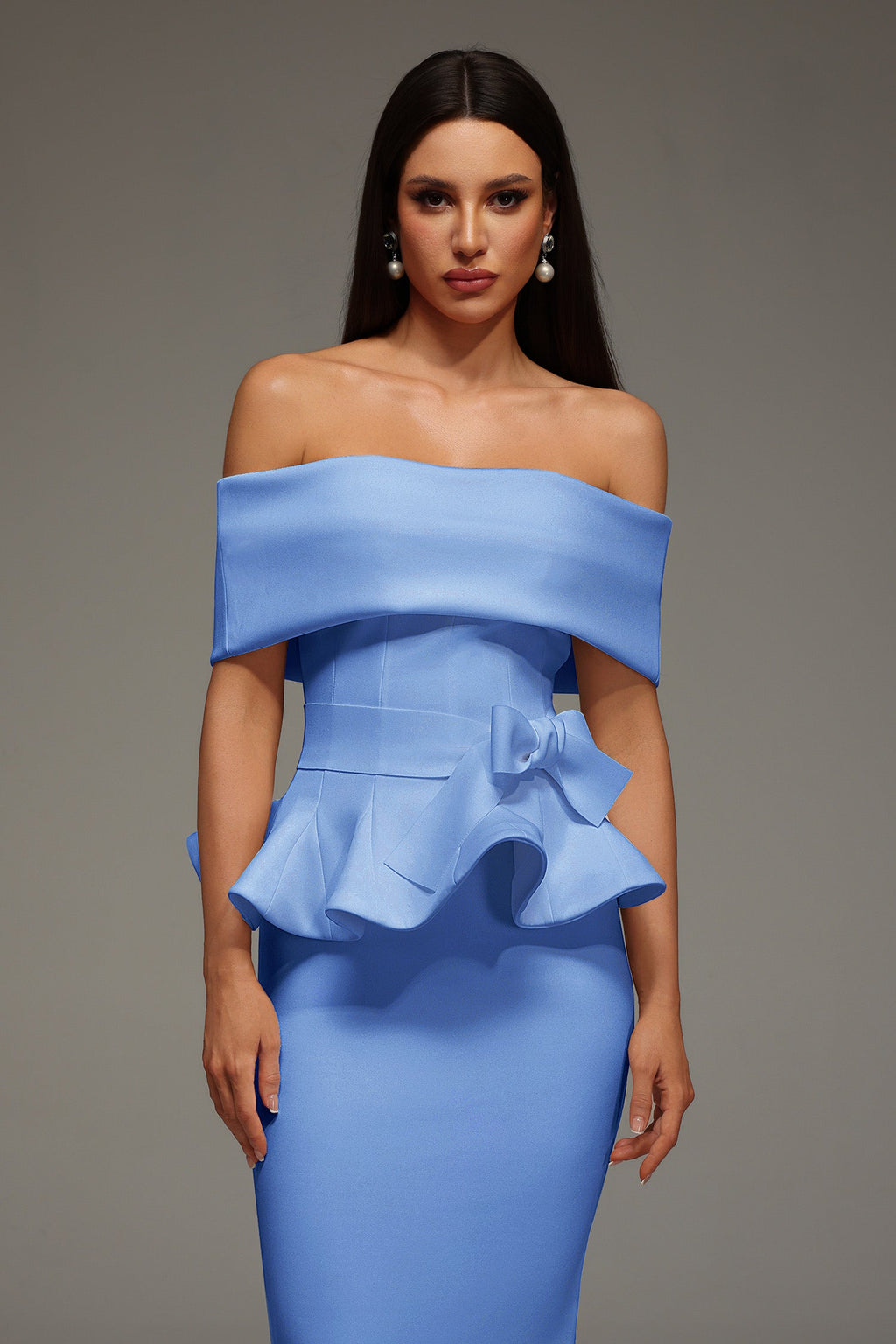 Eleanore Off The Shoulder  Ruffled Edge Blue Midi Dress Avalabel