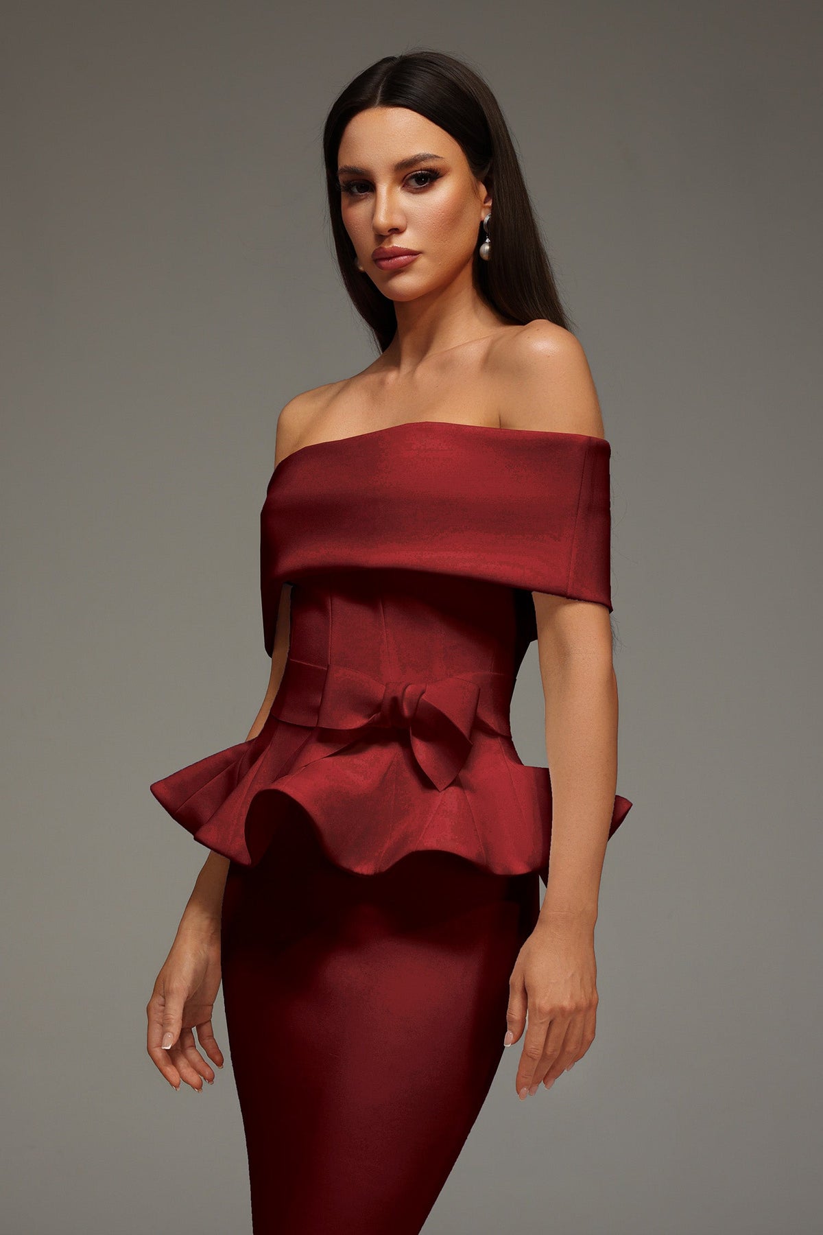 Eleanore Off The Shoulder  Ruffled Edge Red Midi Dress Avalabel