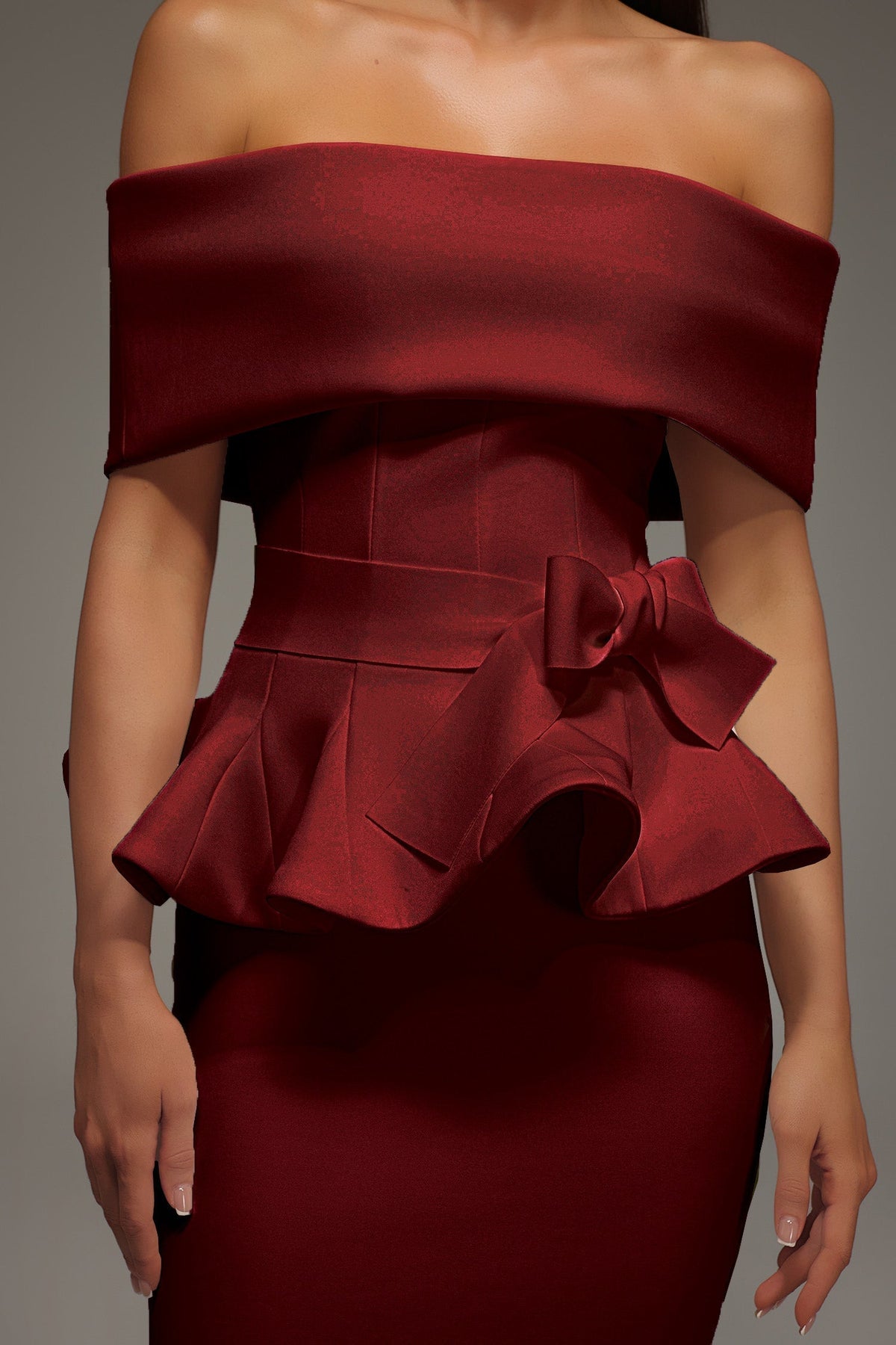 Eleanore Off The Shoulder  Ruffled Edge Red Midi Dress Avalabel