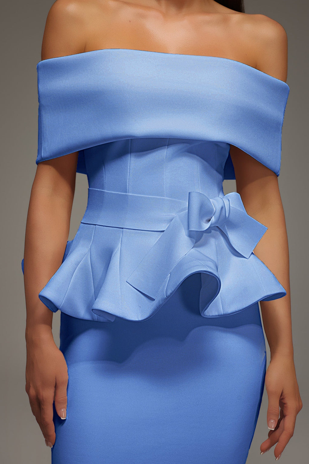Eleanore Off The Shoulder  Ruffled Edge Blue Midi Dress Avalabel
