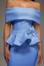 Eleanore Off The Shoulder  Ruffled Edge Blue Midi Dress Avalabel