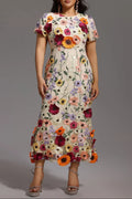 Naya Short Sleeve Round Neck Flowers Fishtail Midi Dress Avalabel