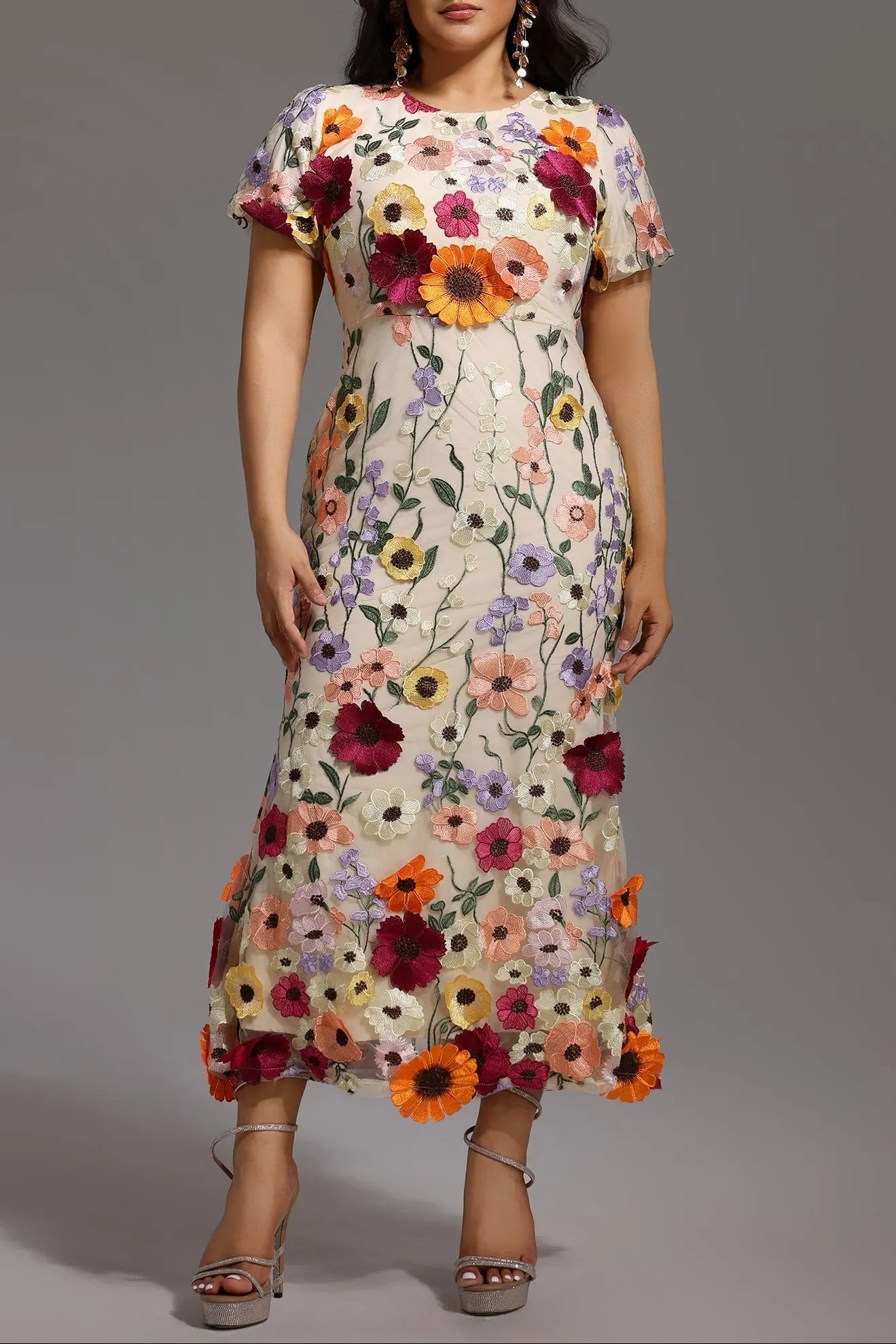 Naya Short Sleeve Round Neck Flowers Fishtail Midi Dress Avalabel