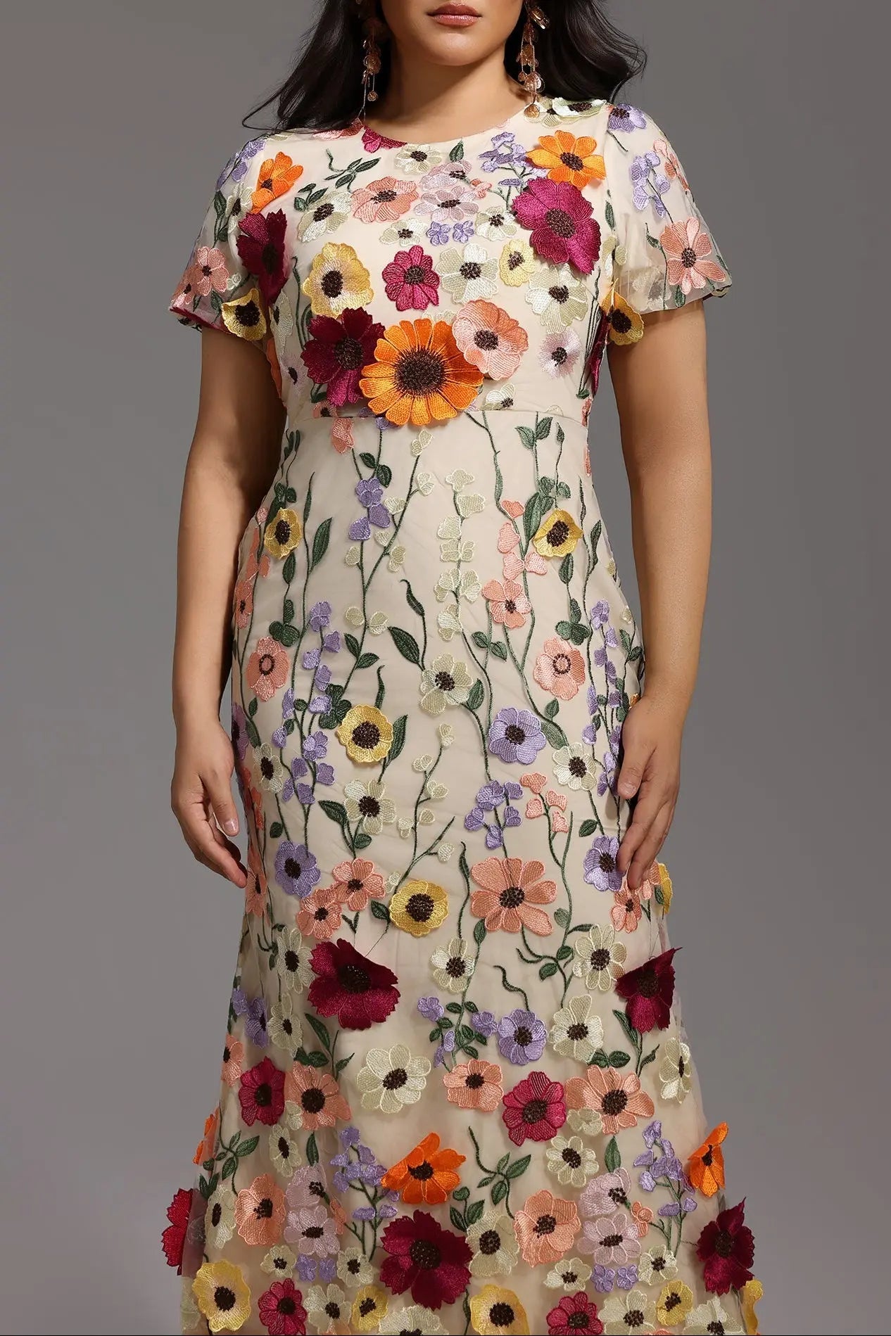 Naya Short Sleeve Round Neck Flowers Fishtail Midi Dress Avalabel