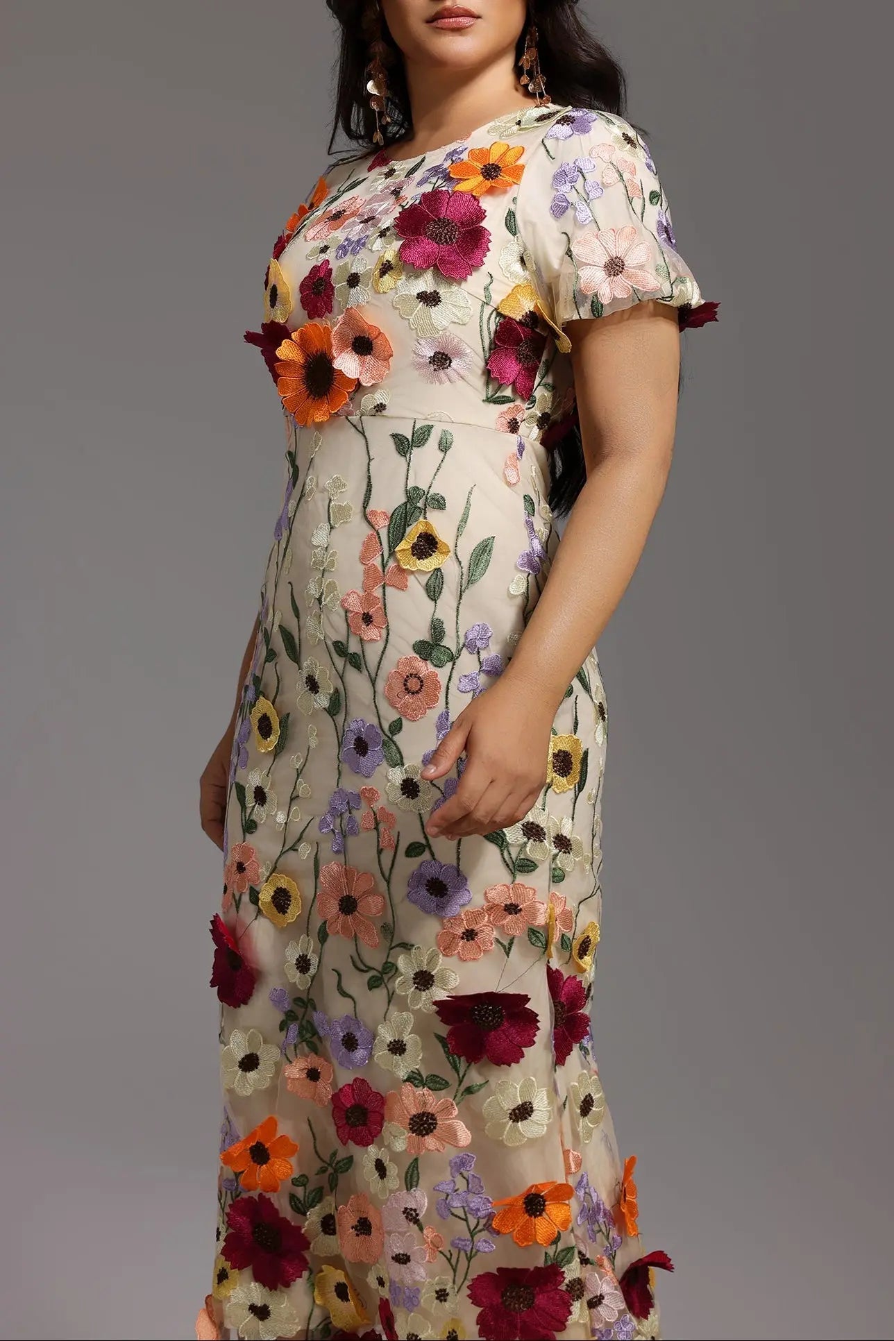 Naya Short Sleeve Round Neck Flowers Fishtail Midi Dress Avalabel