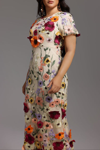 Naya Short Sleeve Round Neck Flowers Fishtail Midi Dress
