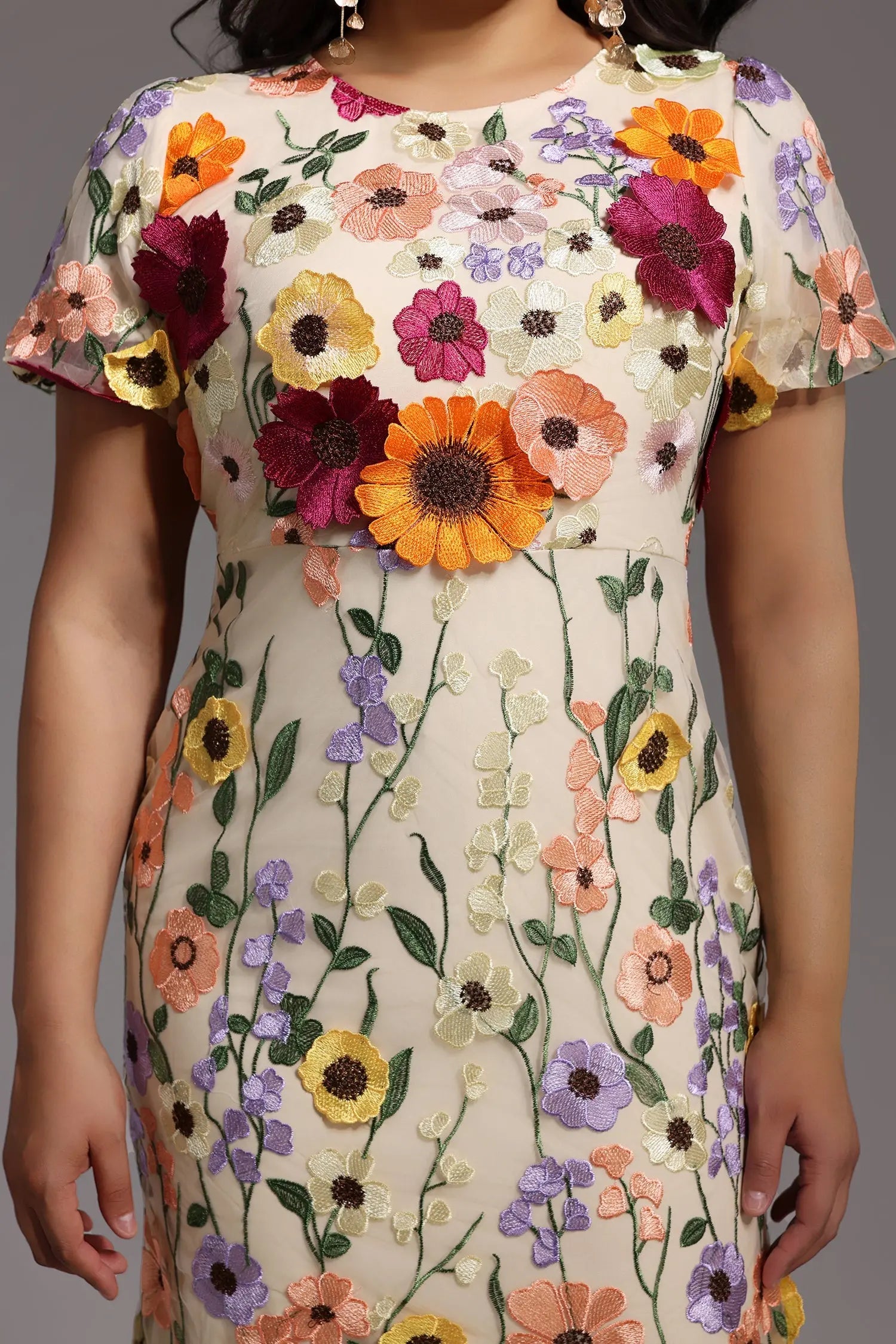 Naya Short Sleeve Round Neck Flowers Fishtail Midi Dress Avalabel