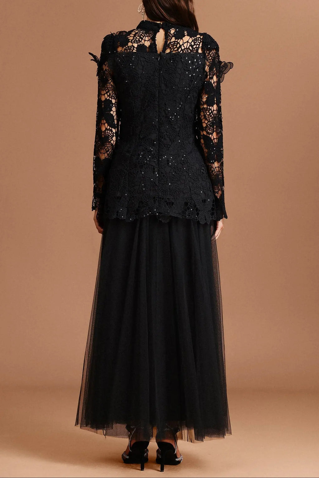 yvette black Long Sleeve Folds Lace Butterfly Top And Skirt Two-Piece Set Avalabel