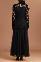 yvette black Long Sleeve Folds Lace Butterfly Top And Skirt Two-Piece Set Avalabel