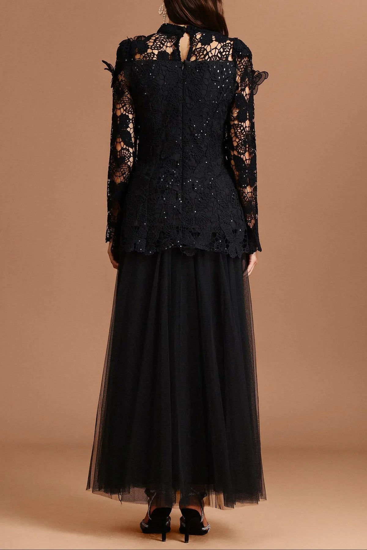 yvette black Long Sleeve Folds Lace Butterfly Top And Skirt Two-Piece Set Avalabel