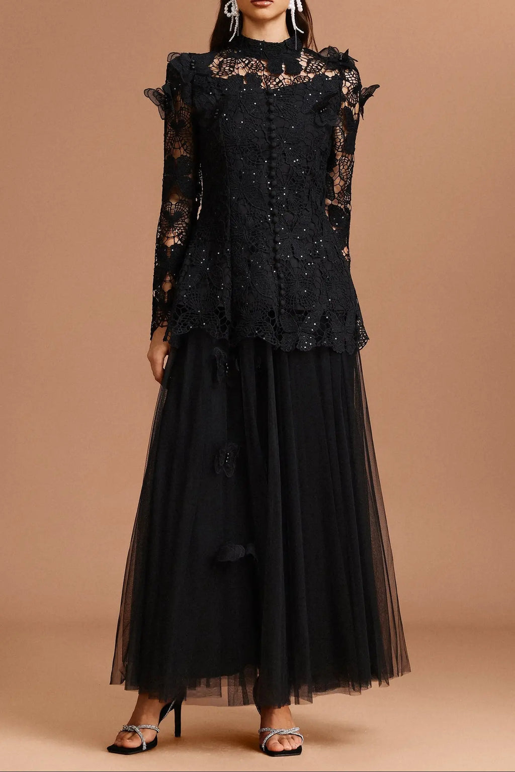 yvette black Long Sleeve Folds Lace Butterfly Top And Skirt Two-Piece Set Avalabel